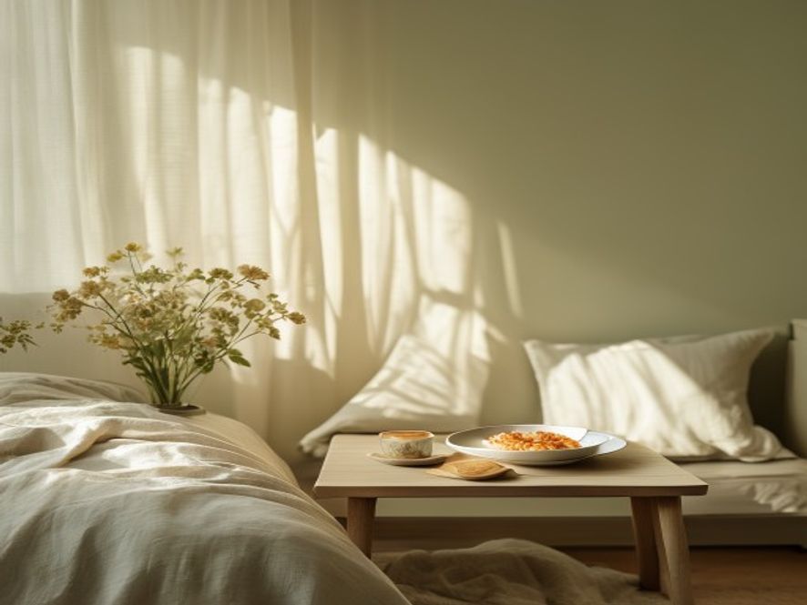 Peaceful morning light in a kitchen with a simple breakfast plate on a wooden table