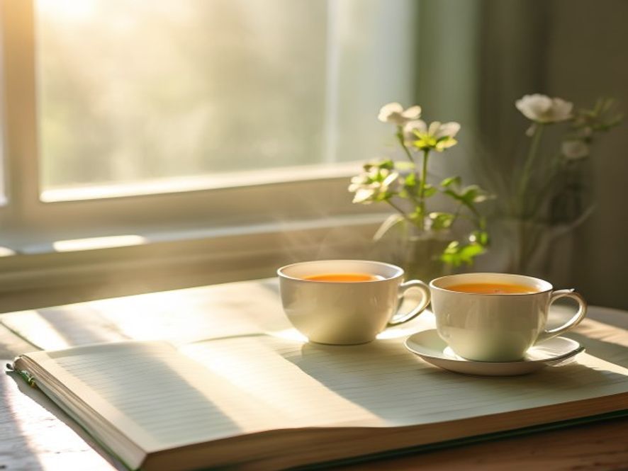 Open planner with pen and tea cup on a sunlit desk
