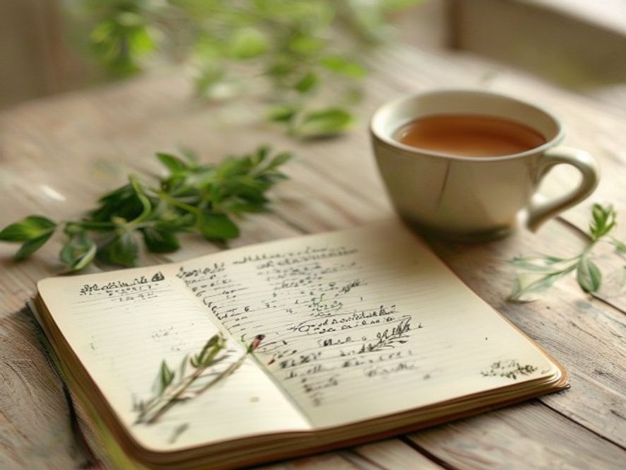 Notebook with meal planning notes and fresh vegetables on a wooden table