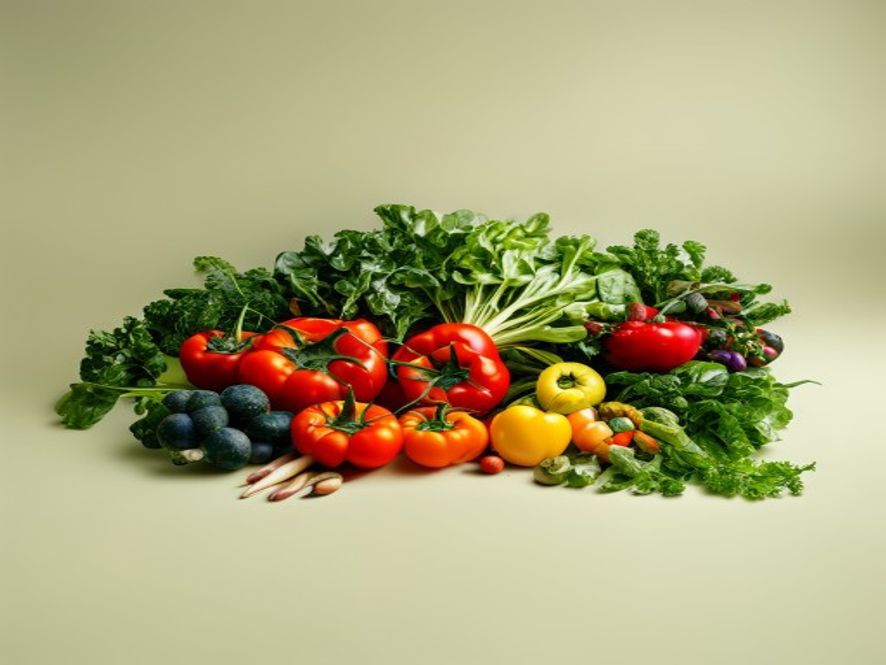 Assorted fresh vegetables and herbs arranged on a light background