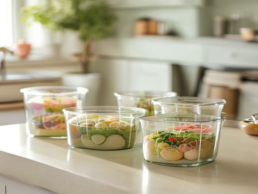 Different prepared meals in glass containers on a kitchen counter